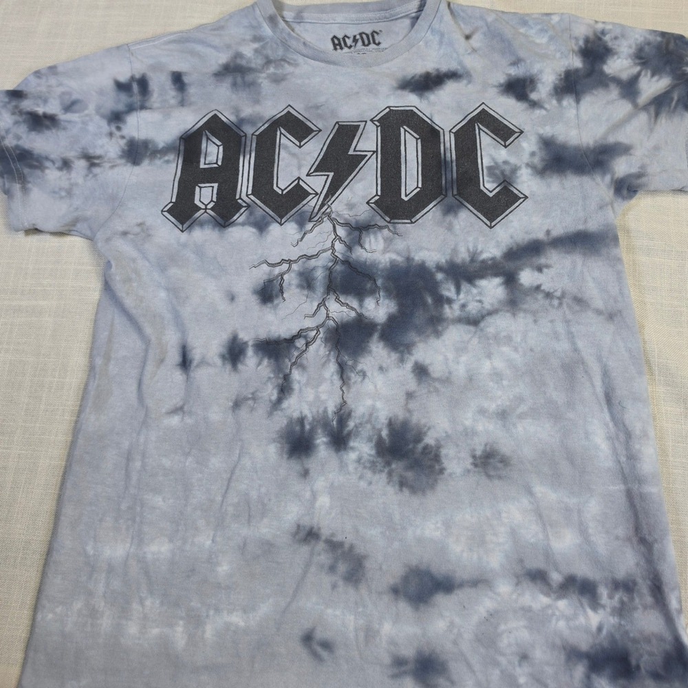 AC/DC Graphic T-Shirt Mens Small Grey Tie Dye Lightning Bolt Rock Band Tee